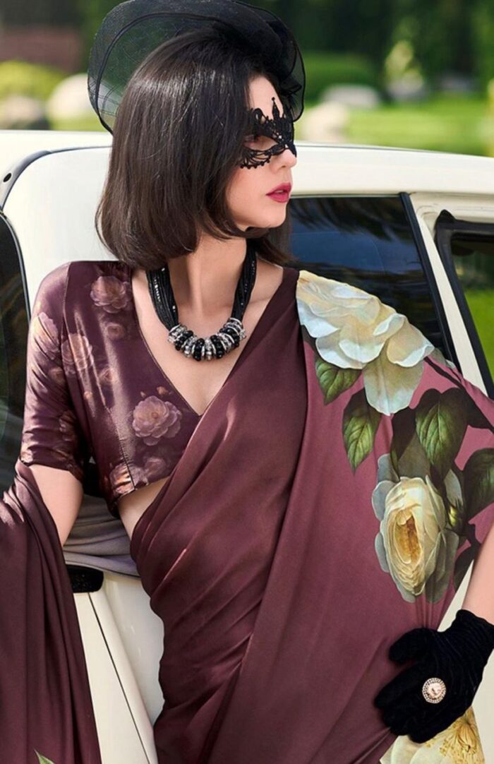 Rustic Brown Satin Crepe Saree
