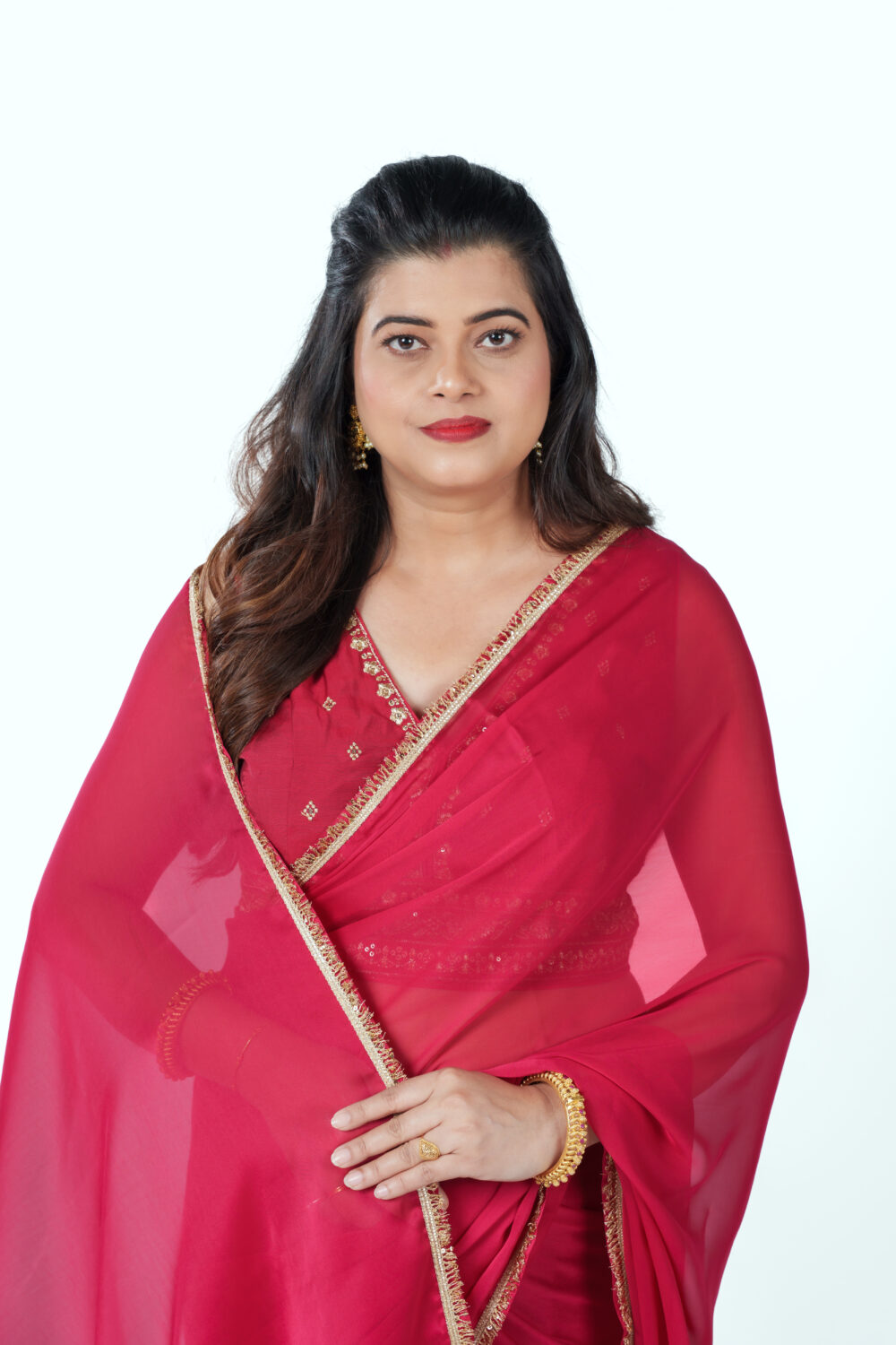 Red Silk Organza Lace Bordered Saree - Image 3