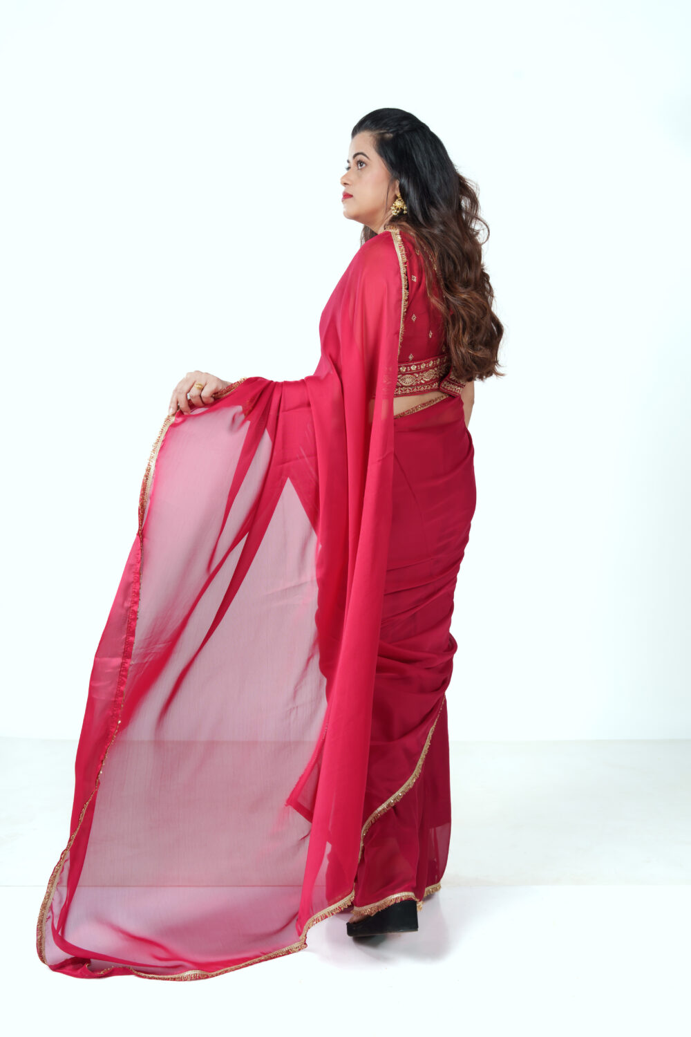 Red Silk Organza Lace Bordered Saree - Image 4