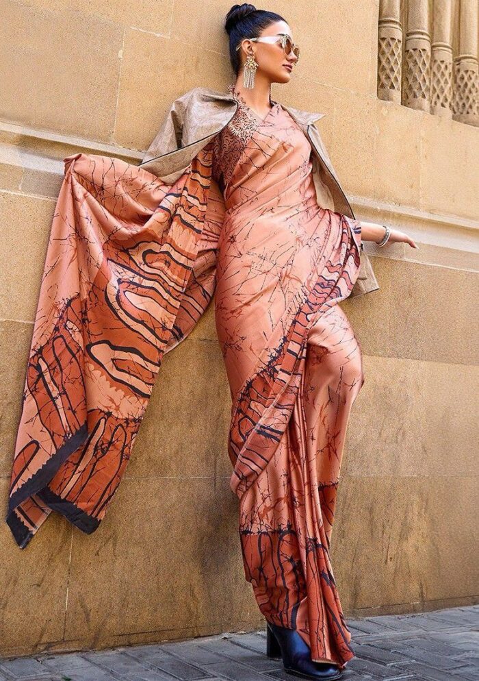 Soft Rust Printed Satin Crepe Saree