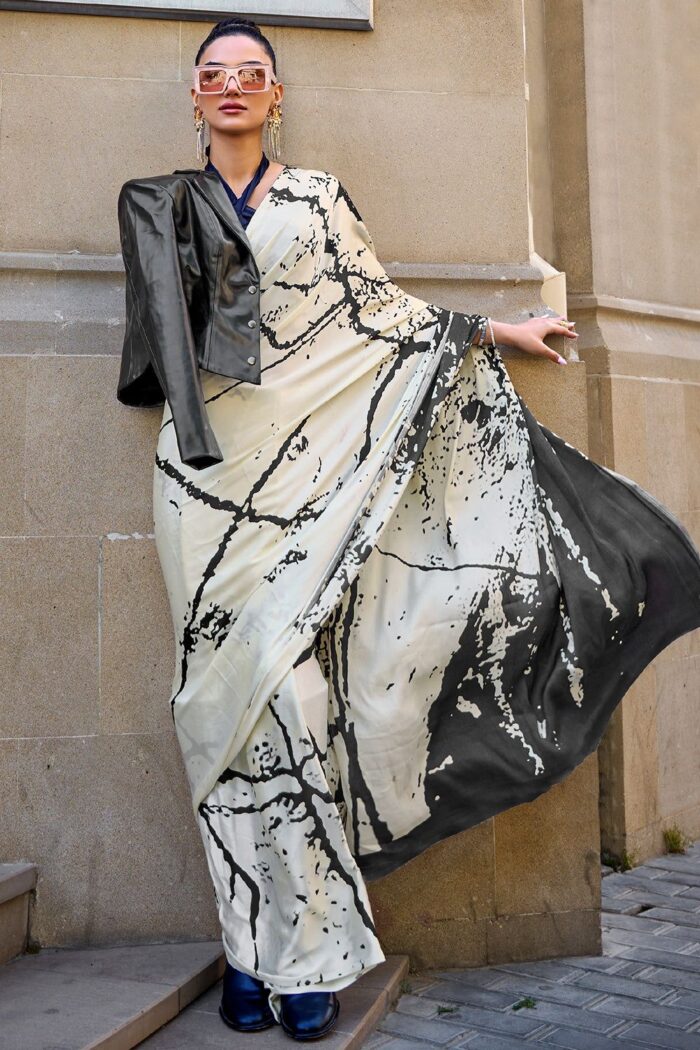Off White Printed Satin Crepe Saree