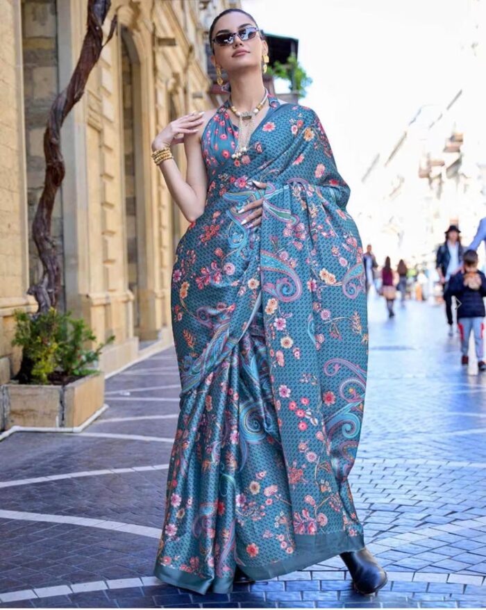 Metallic Blue Satin Crepe Saree
