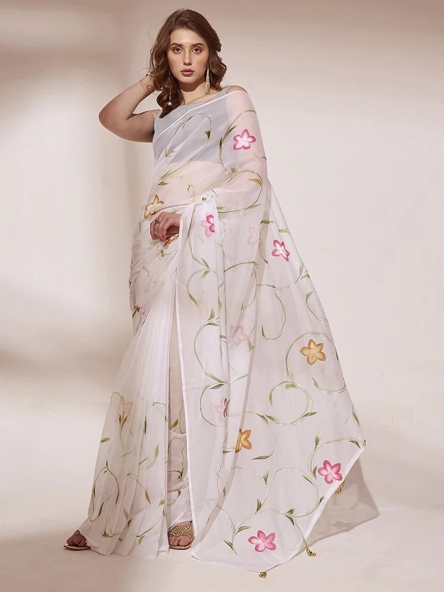 White Foil Printed Organza Saree