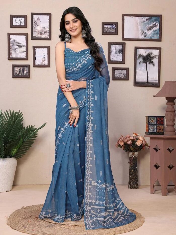 Steel Blue Ready To Wear Saree