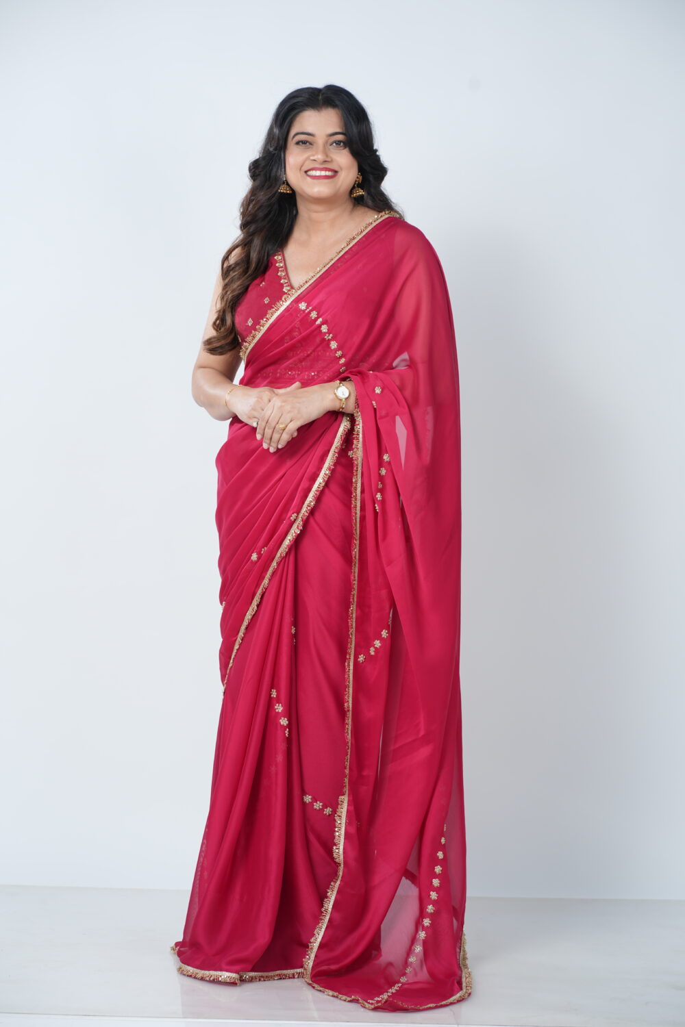 Red Embroidered Silk Organza Saree - Image 4