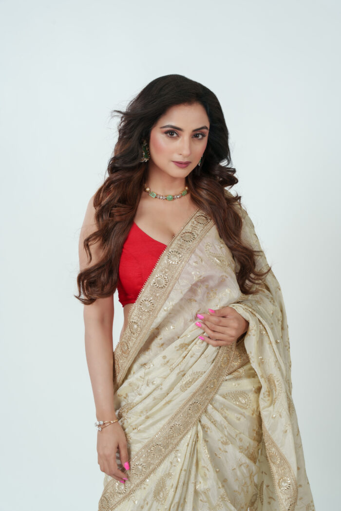 Ivory Viscose Tissue Zari Embroidered Saree