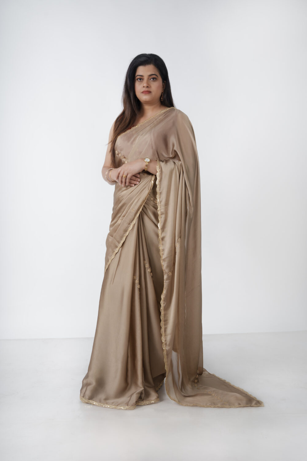 Tan Gold Silk Organza Saree - Image 2