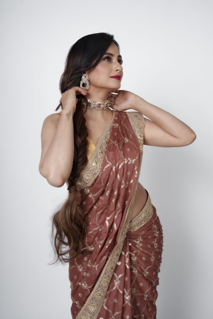 Rustic Brown Star Georgette Saree