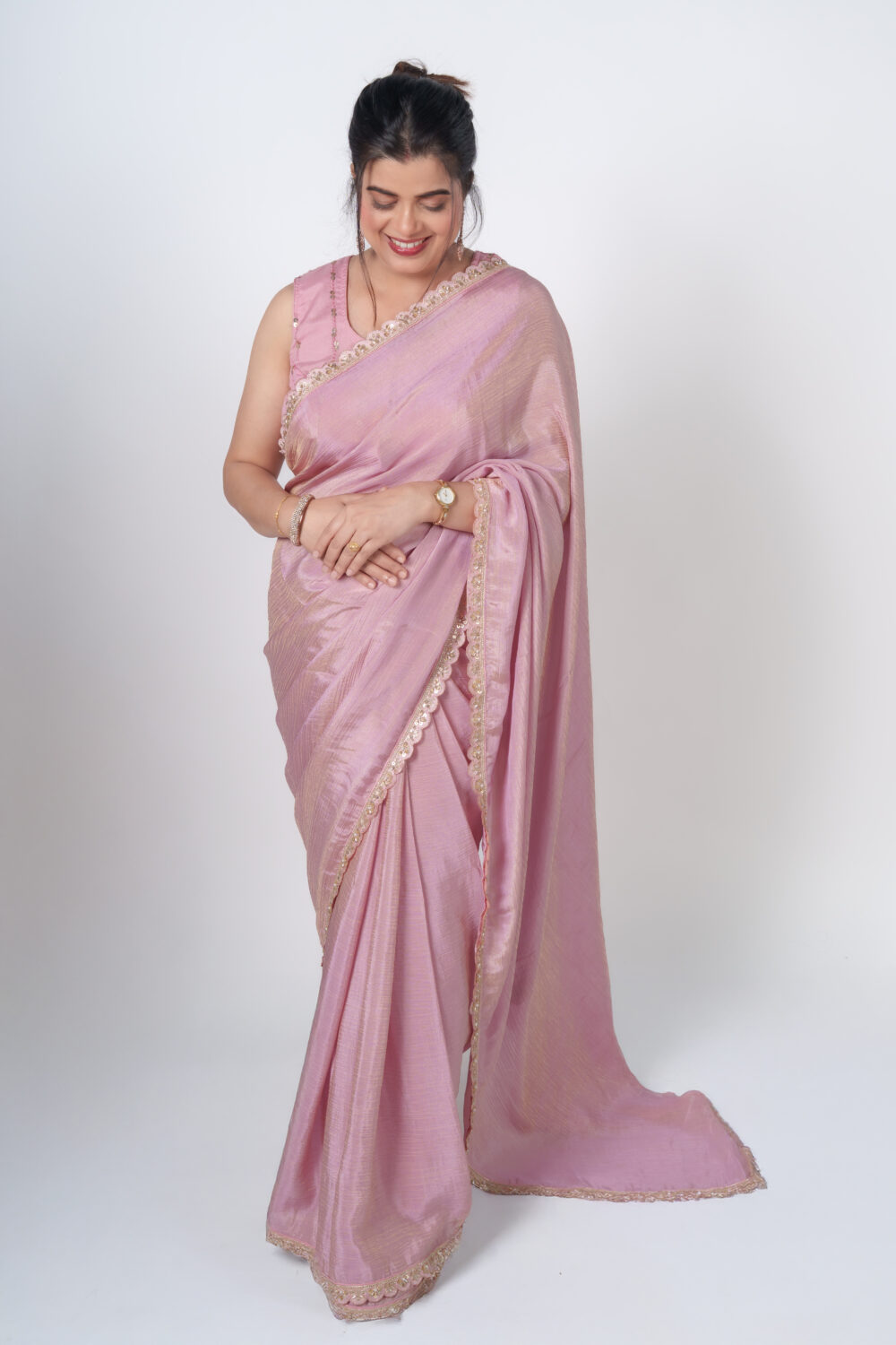 Pastel Pink Crushed Tissue Saree - Image 2