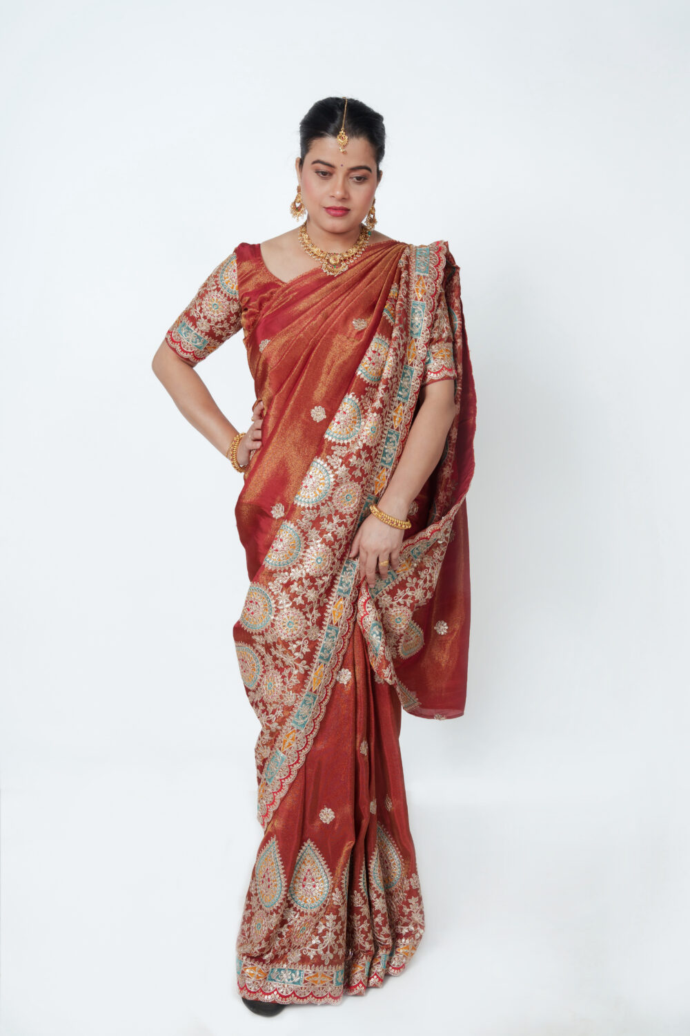 Rustic Orange Viscose Tissue Embroidered Saree - Image 2
