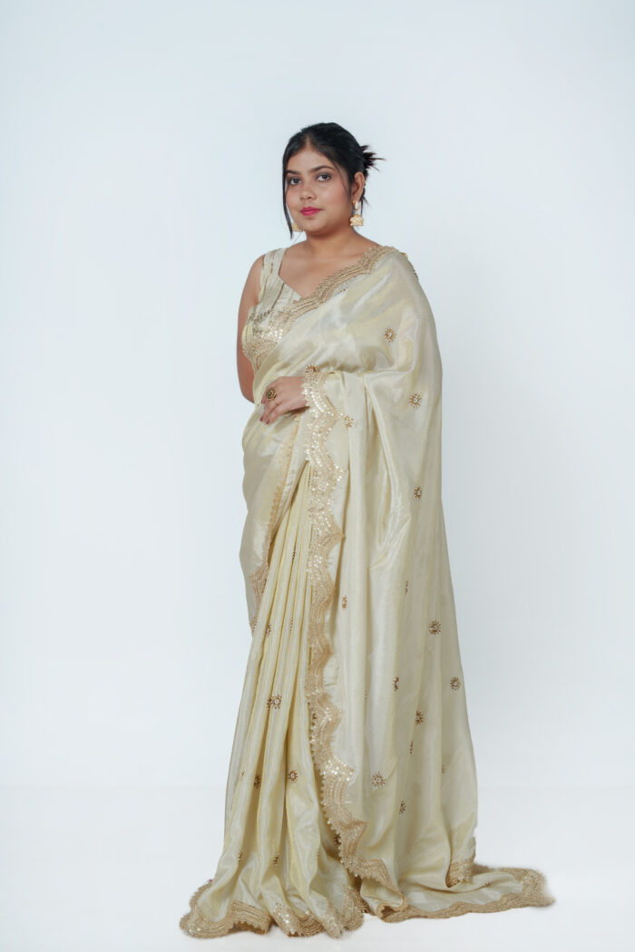 Ivory Viscose Tissue Embroidered Saree
