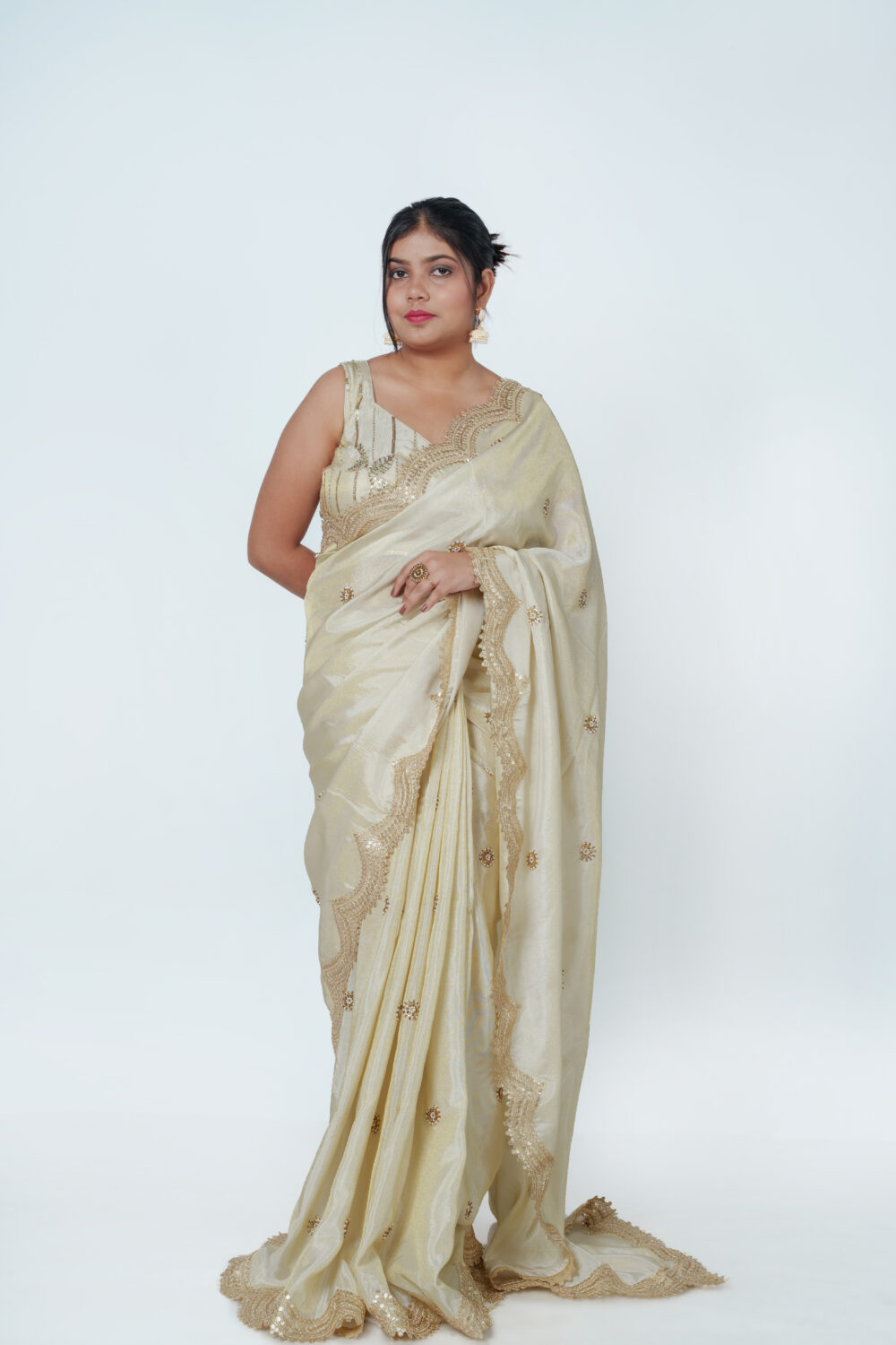 Ivory Viscose Tissue Embroidered Saree - Image 3
