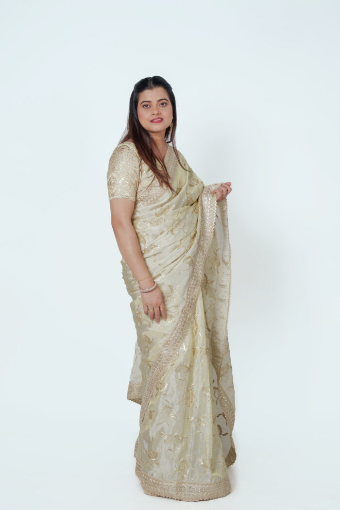 Ivory Viscose Tissue  Floral Zari Embroidered Saree