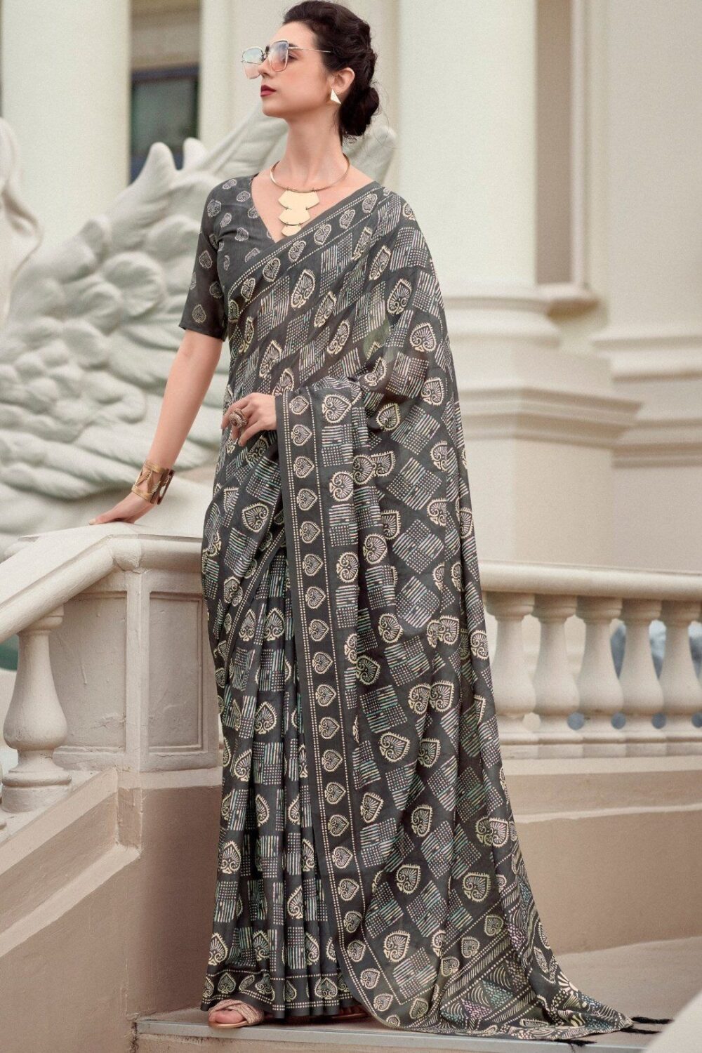 Greyish Mul-Mul Silk Saree