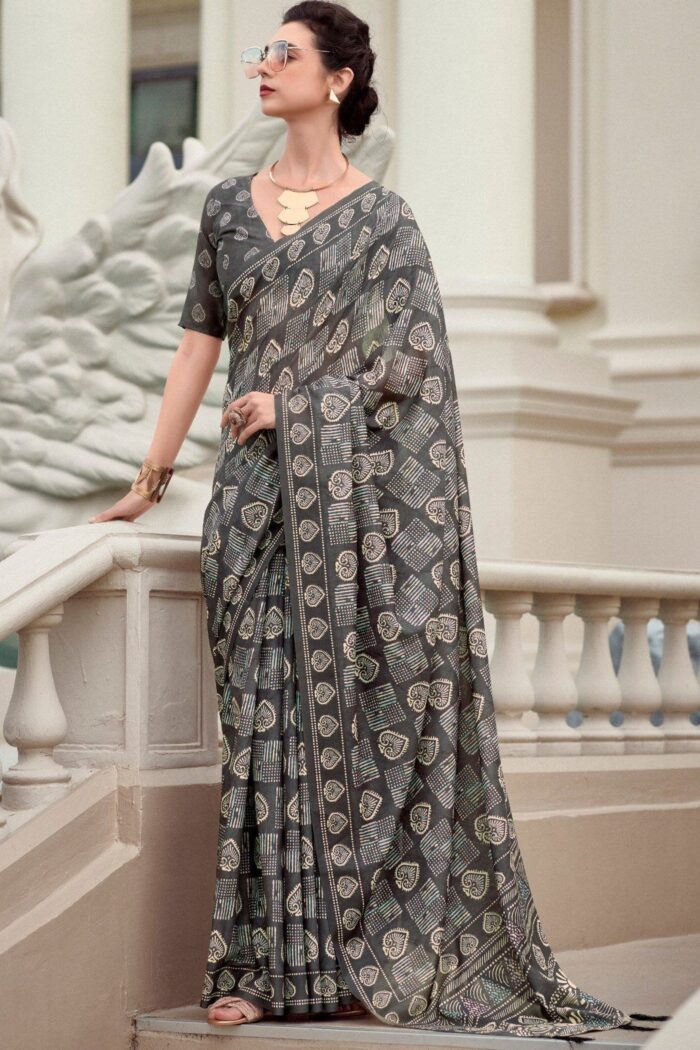 Greyish Mul-Mul Silk Saree