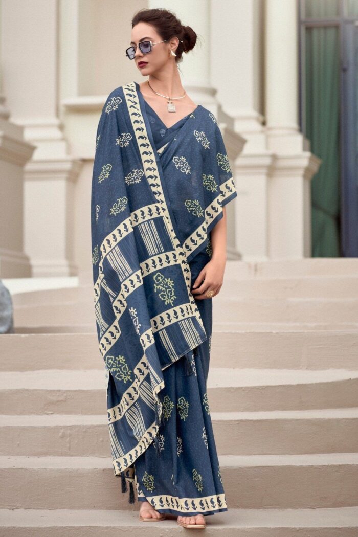 Slate Blue Mul-Mul Silk Saree