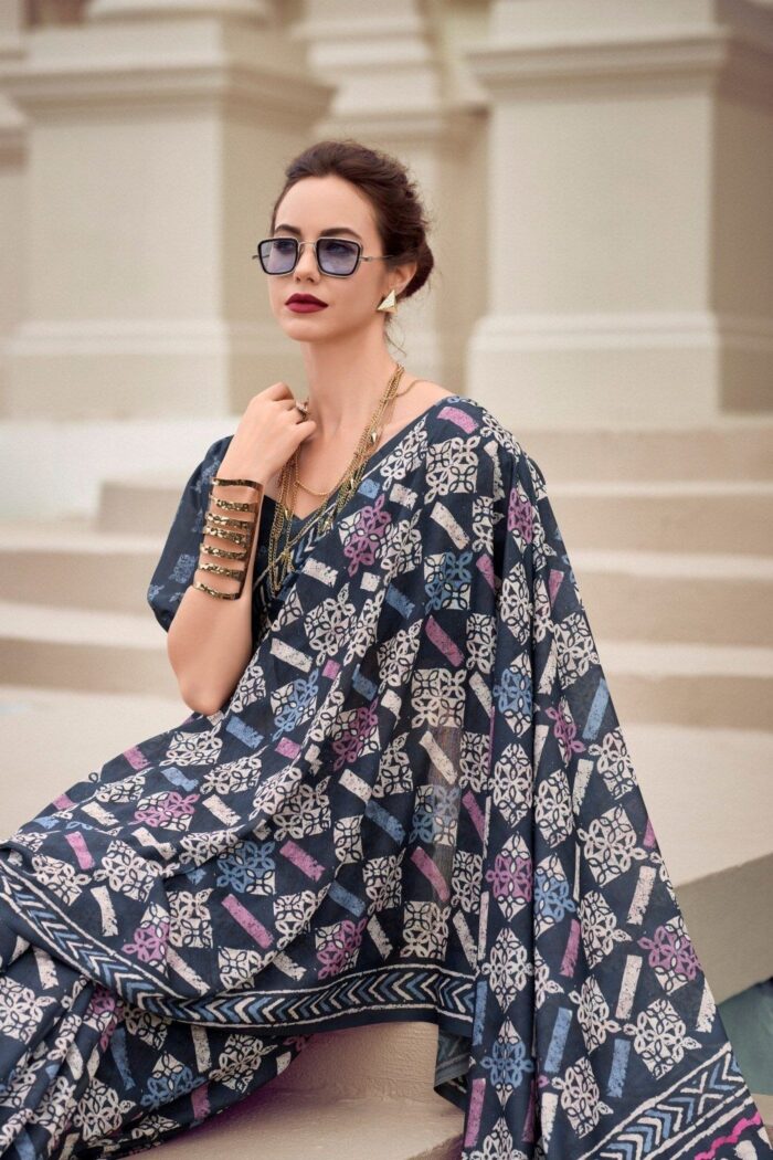 Navy Blue Mul-Mul Silk Saree