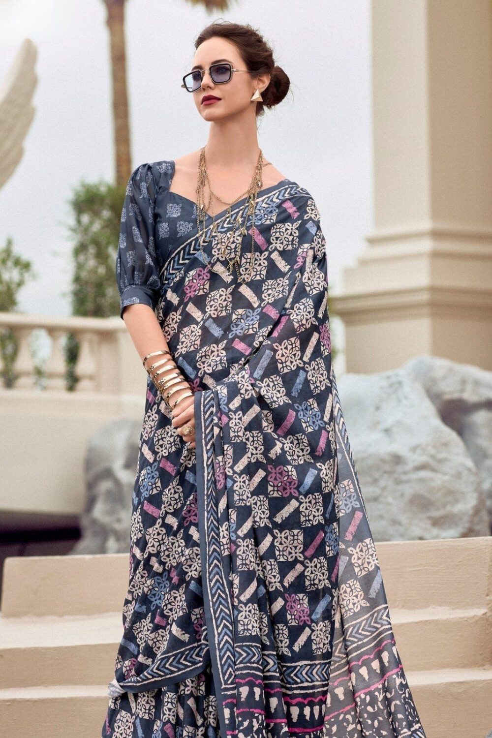 Navy Blue Mul-Mul Silk Saree - Image 2