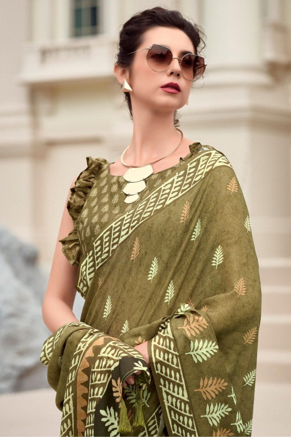 Moss Tan Green Mul-Mul Silk Saree - Image 2