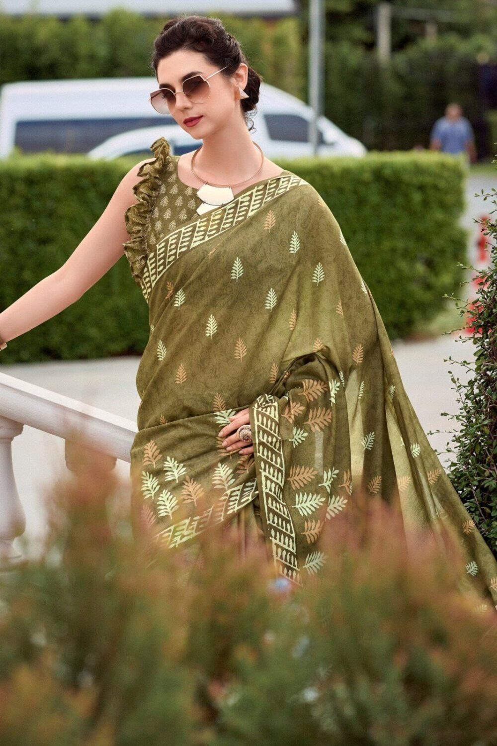 Moss Tan Green Mul-Mul Silk Saree - Image 3