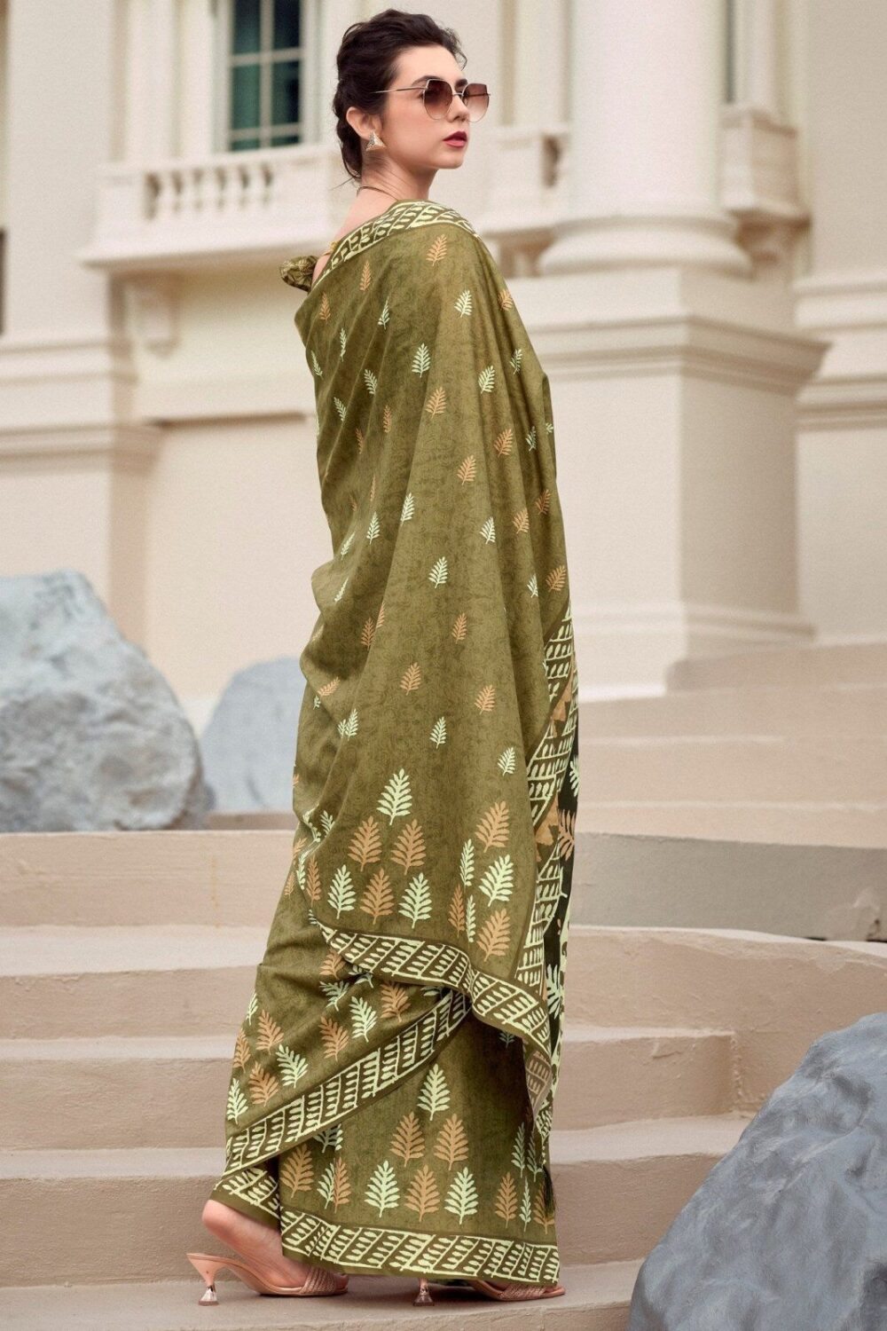 Moss Tan Green Mul-Mul Silk Saree - Image 4