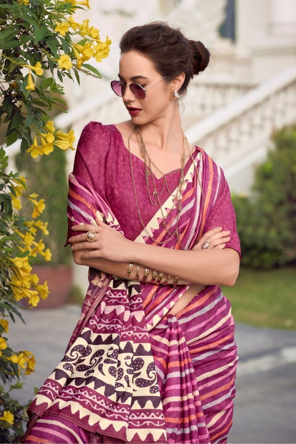 Deep Rose Mul-Mul Silk Saree - Image 2
