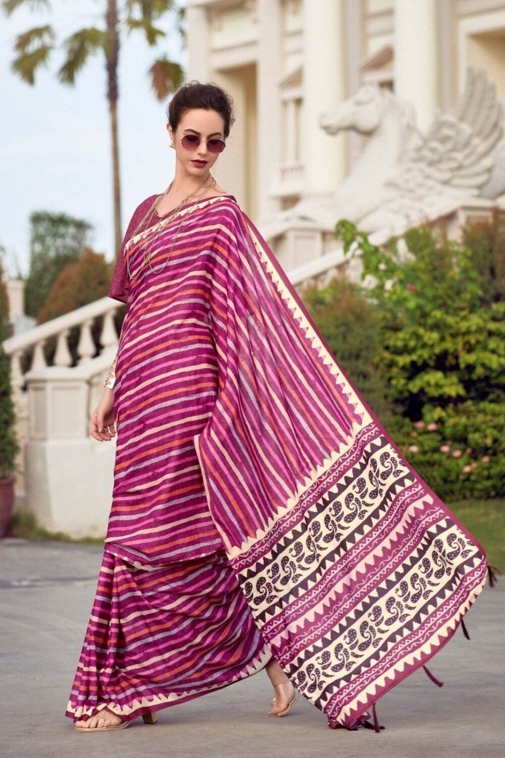Deep Rose Mul-Mul Silk Saree - Image 3