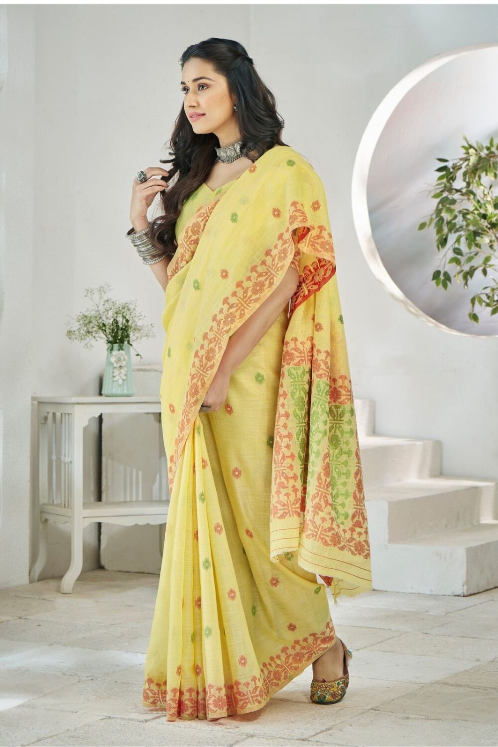 Yellow Woven Linen Saree - Image 2