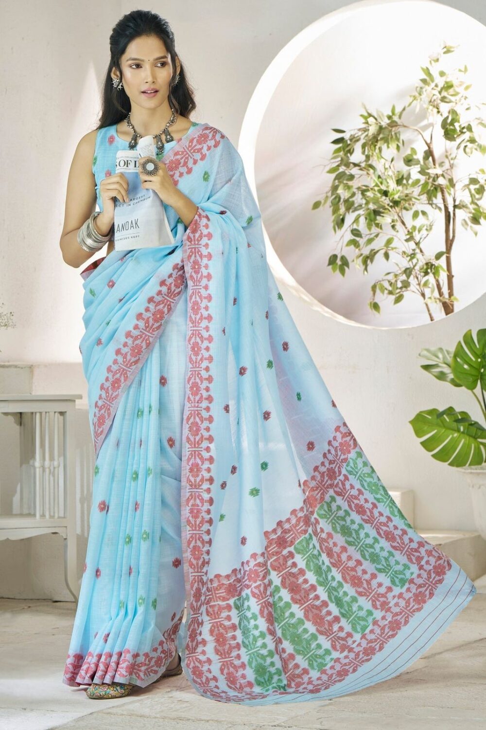 Ice blue Woven Linen Saree - Image 2