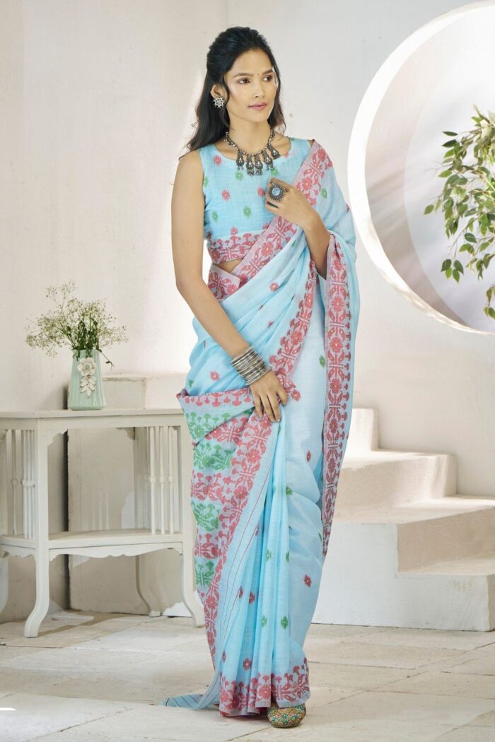 Ice blue Woven Linen Saree