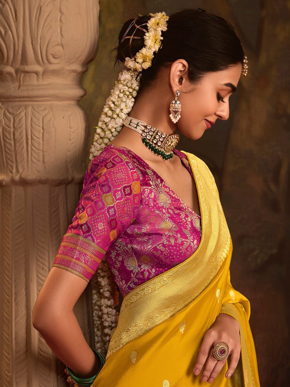 Golden Yellow Dola Silk Saree - Image 3