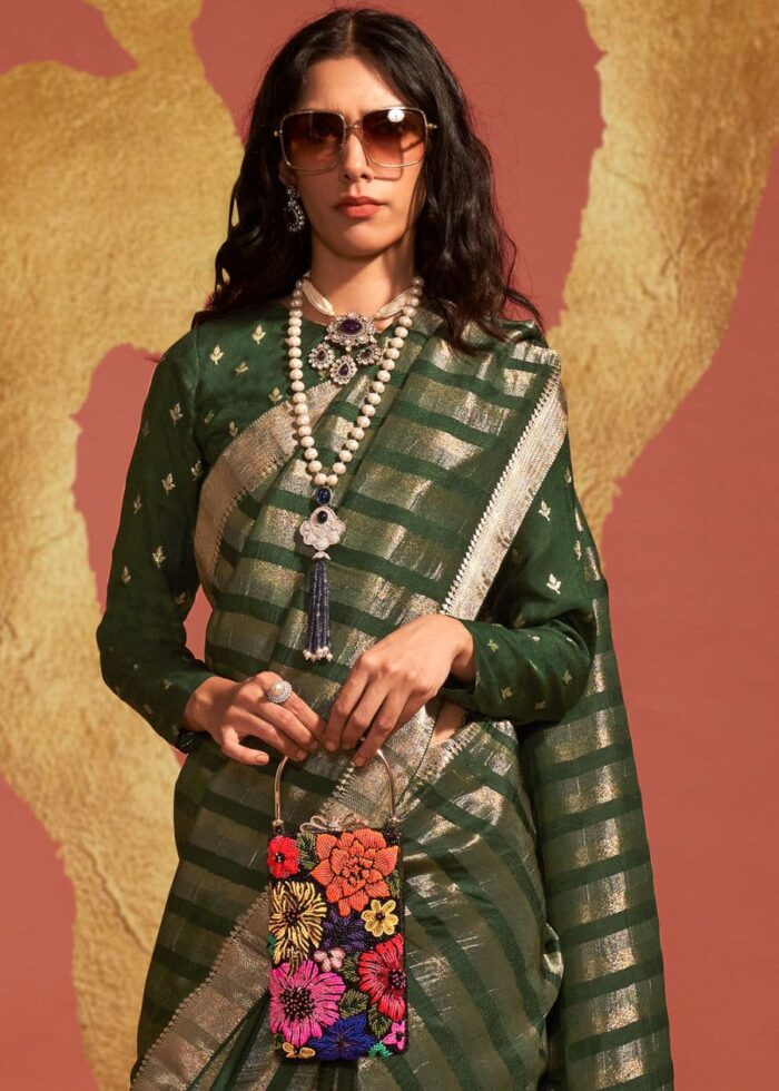 Cadmium Green & Gold Viscose Handwoven Saree