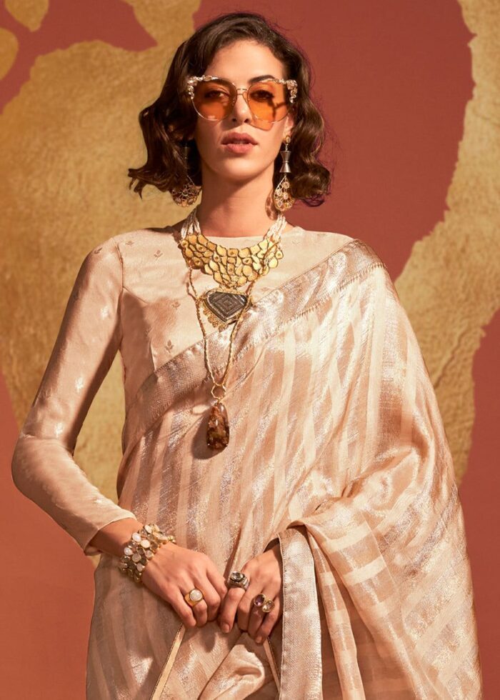 Tan Brown & Gold Viscose Handwoven Saree