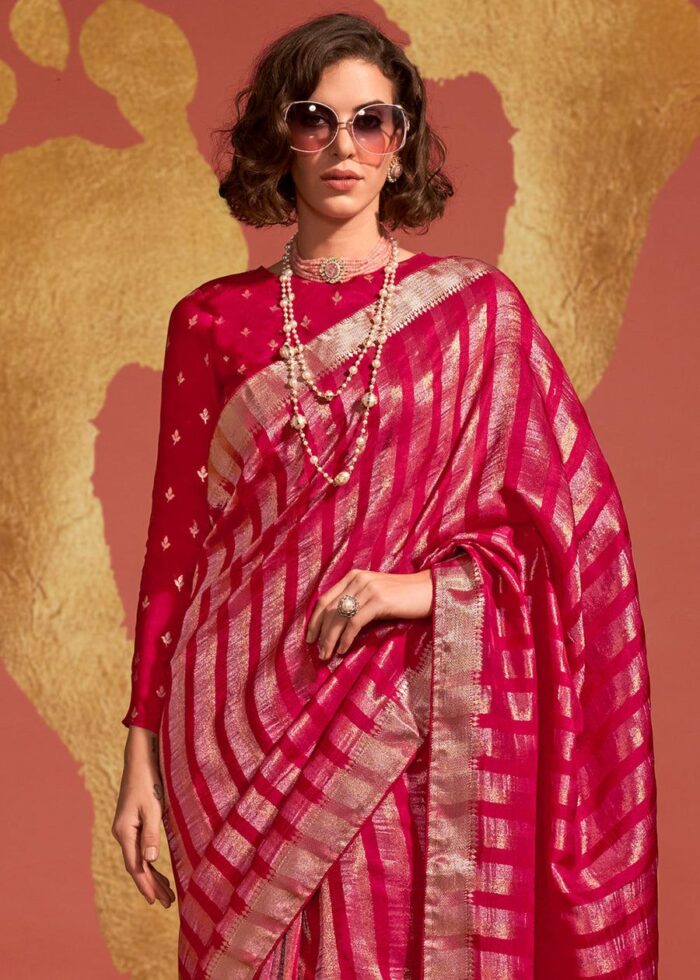 Ruby Pink & Gold Viscose Handwoven Saree