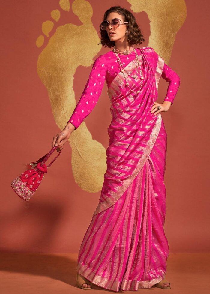 Hot Pink & Gold Viscose Handwoven Saree