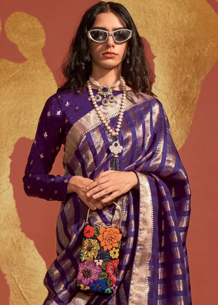 Dark Purple & Gold Viscose Handwoven Saree
