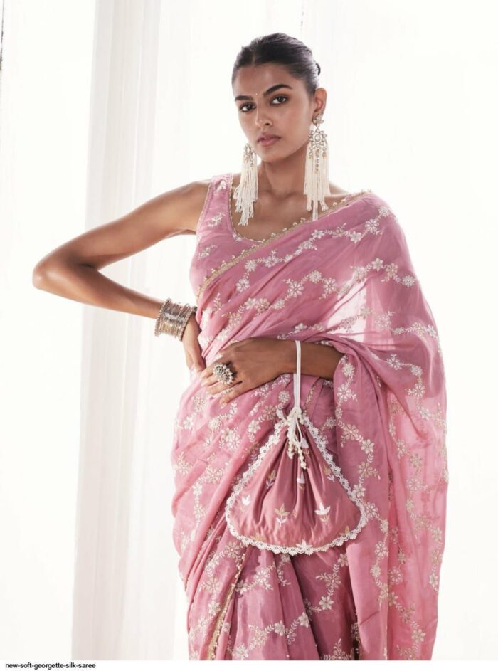 Pastel Pink Georgette Embroidered Saree