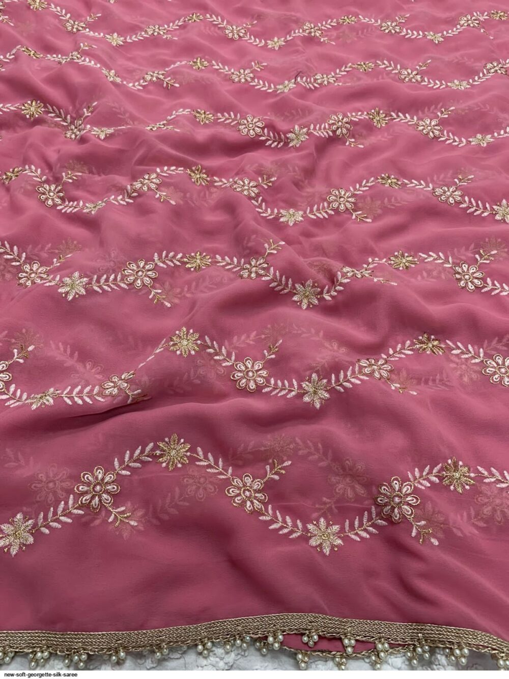 Pastel Pink Georgette Embroidered Saree - Image 4