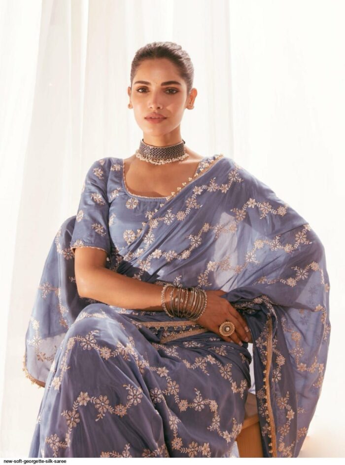 Greyish Georgette Embroidered Saree