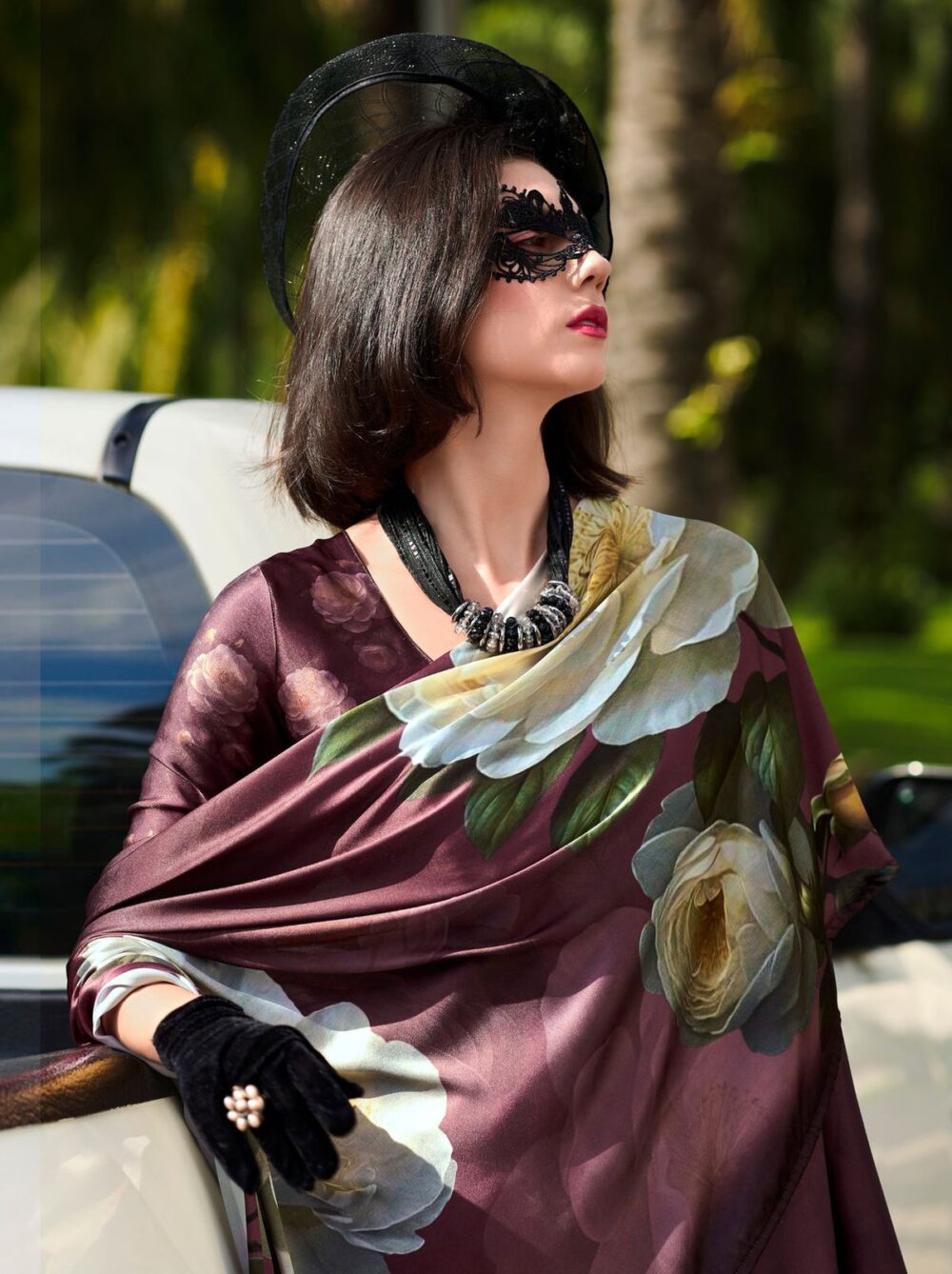 Rustic Brown Satin Crepe Saree - Image 2