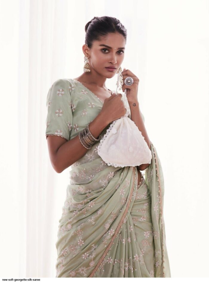 Pastel Green Georgette Embroidered Saree