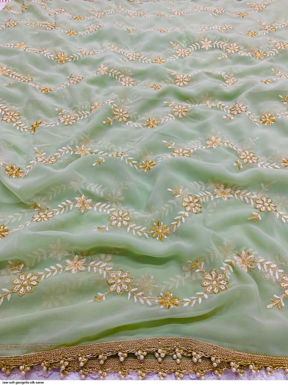 Pastel Green Georgette Embroidered Saree - Image 3