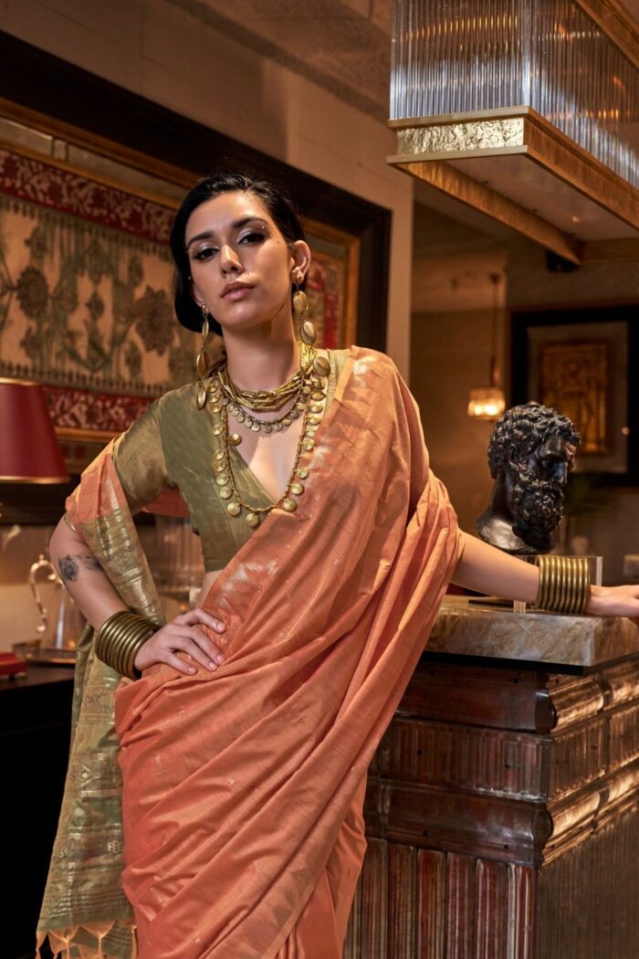 Cold Orange Handloom Tussar Silk Saree