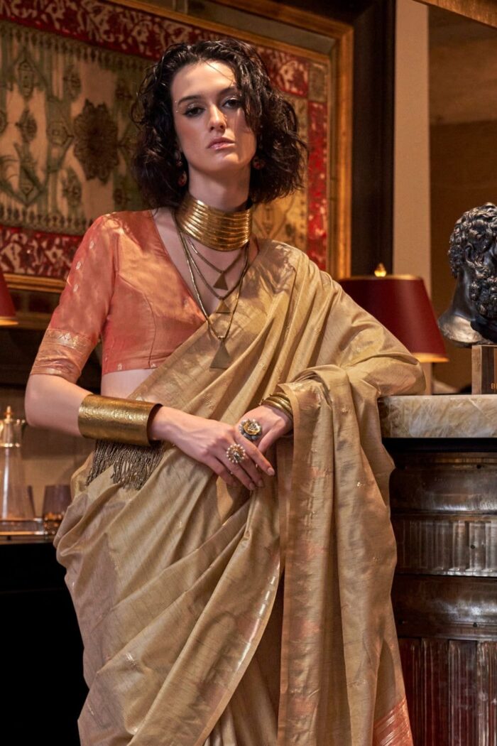 French Beige Handloom Tussar Silk Saree