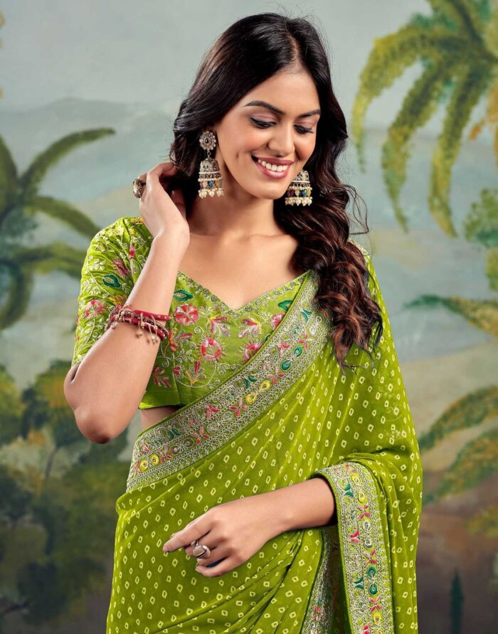 Sheen Green Saree Bandhani Georgette Saree