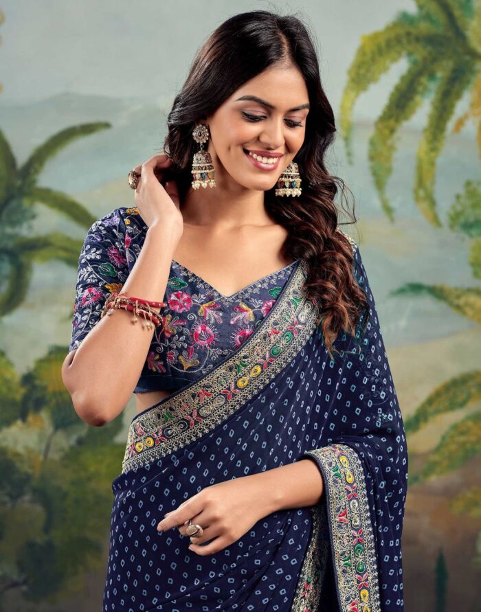 Navy Blue Bandhani Georgette Saree