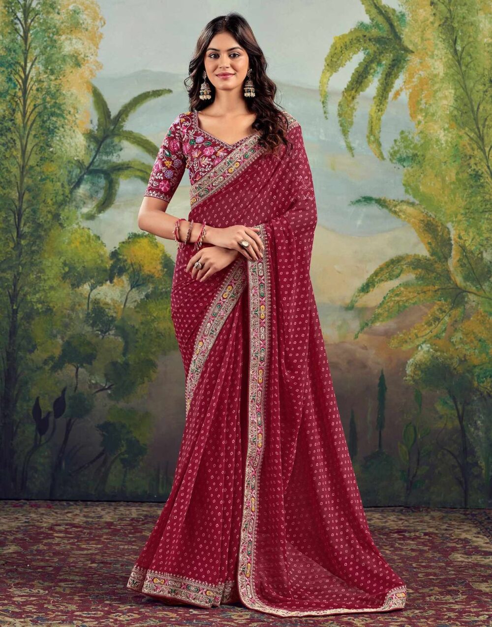 Elegant Maroon Bandhani Georgette Saree - Image 2