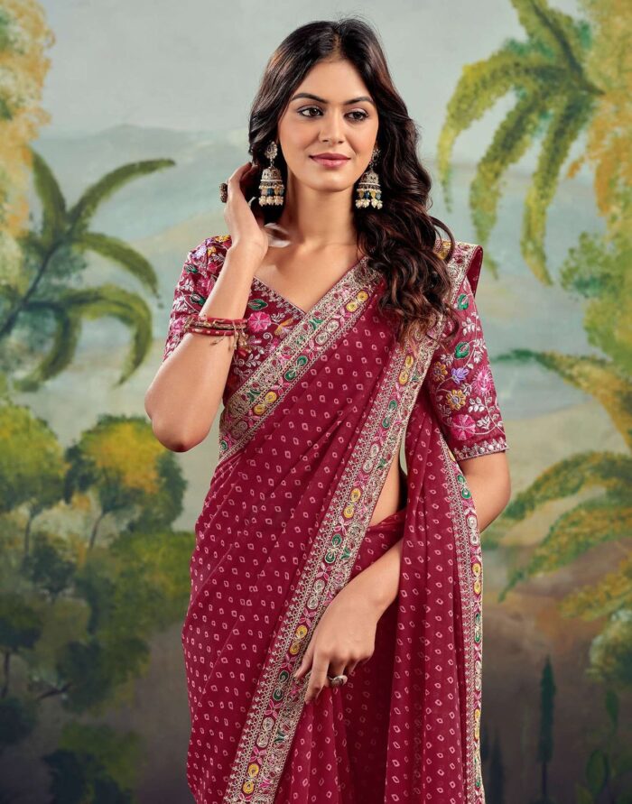 Elegant Maroon Bandhani Georgette Saree