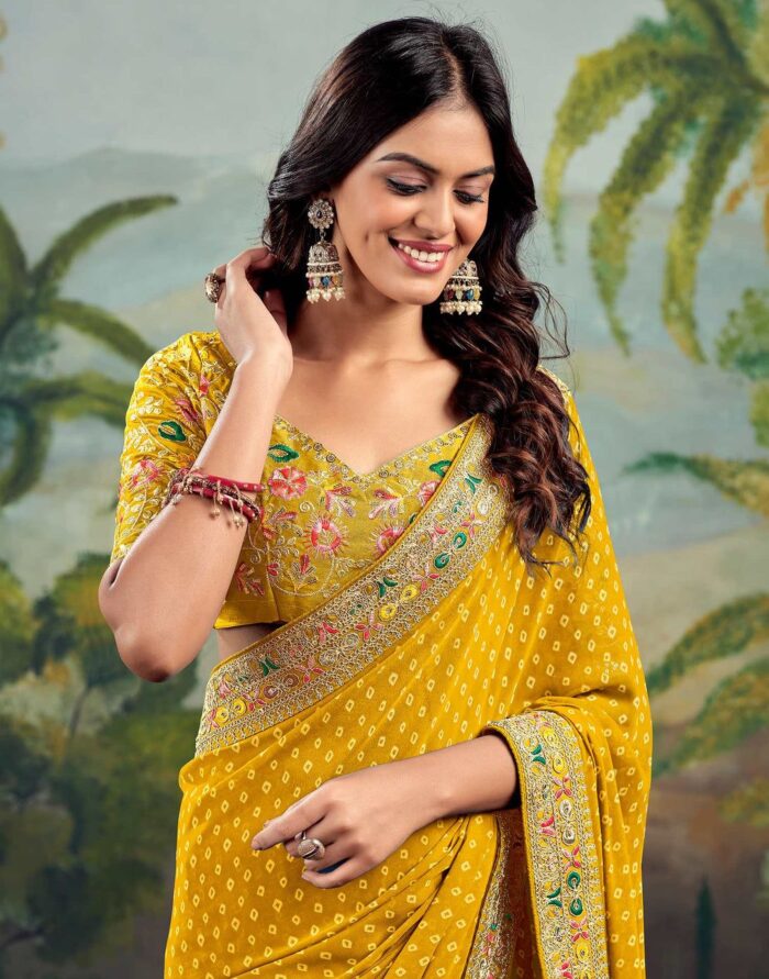 Musturd Yellow Bandhani Georgette Saree