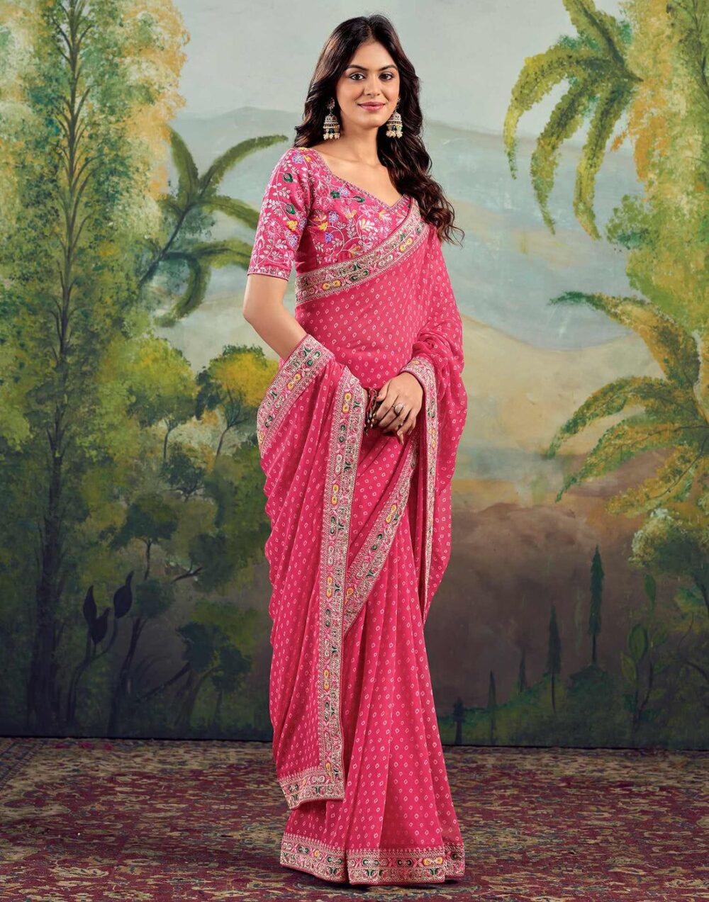 Brink Pink Bandhani Georgette Saree - Image 2